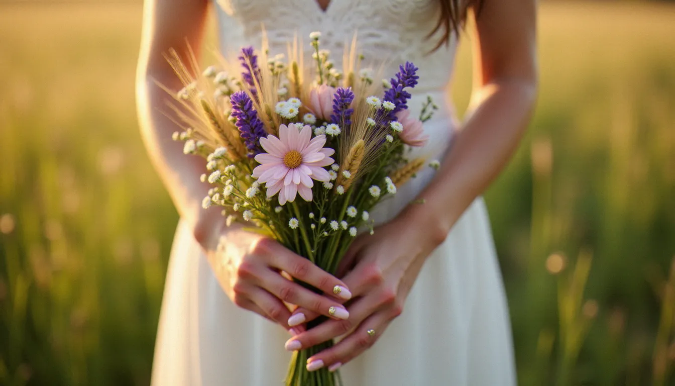 Mains de mariée aux ongles mariage champêtre rose nude avec fleurs en relief délicates, tenant un bouquet de fleurs sauvages et de lavande à la lumière dorée d'un après-midi en plein air