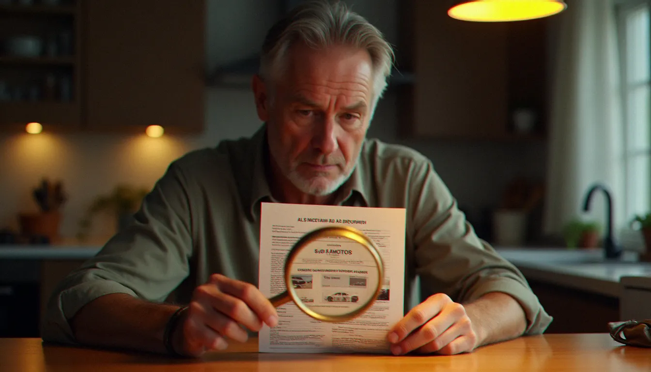 Un conducteur examine attentivement une photo avis de contravention à la loupe pour lire les informations techniques et vérifier la lisibilité de la plaque d'immatriculation