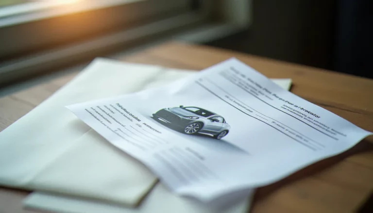 Document officiel d'un avis de contravention posé sur une table avec la photo du véhicule en infraction imprimée, illustration concrète d'une photo avis de contravention reçue par courrier
