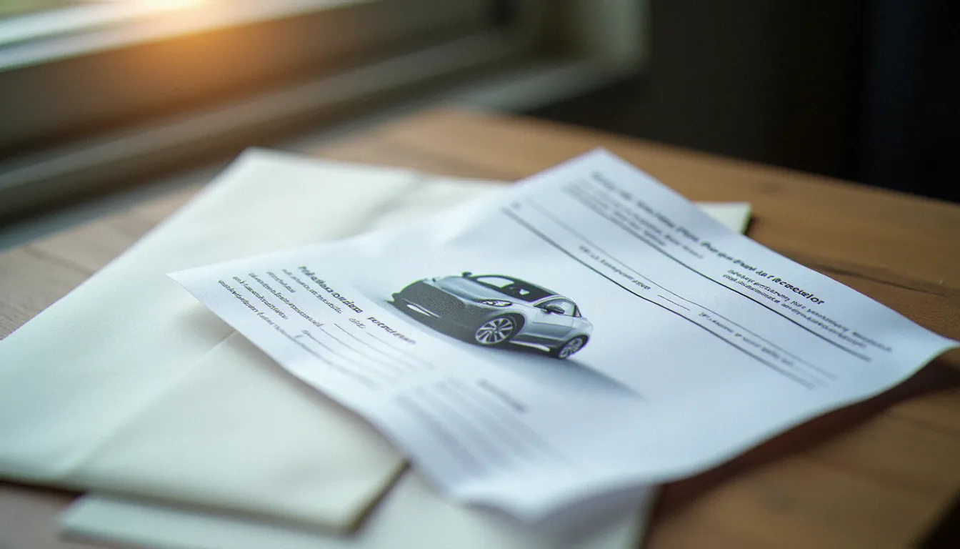 Document officiel d'un avis de contravention posé sur une table avec la photo du véhicule en infraction imprimée, illustration concrète d'une photo avis de contravention reçue par courrier