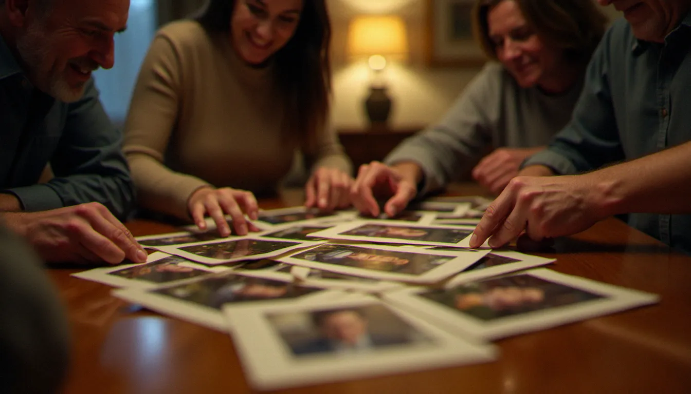 Une famille réunie autour d'une table pour choisir une photo avis de décès parmi des tirages papier anciens étalés sur le bois