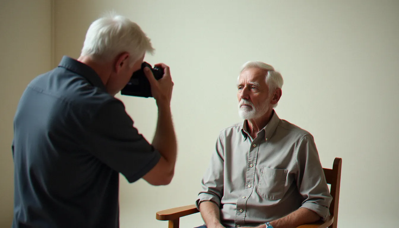 Un photographe professionnel réalisant un portrait de vie d'un homme âgé en studio lumineux, type de séance permettant d'anticiper une photo avis de décès digne et ressemblante