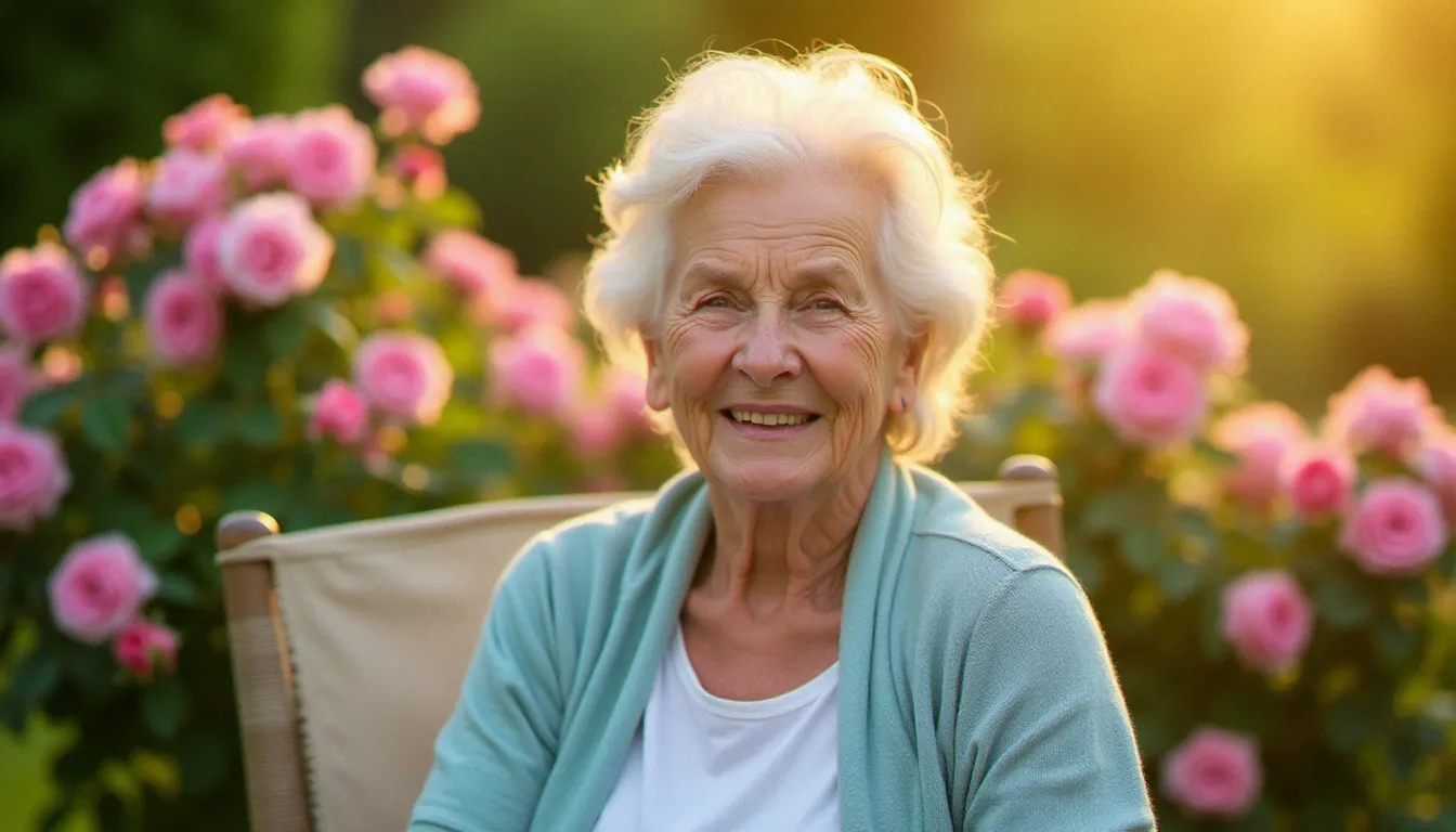 Portrait en gros plan d'une femme âgée souriante assise dans un jardin fleuri, exemple de photo avis de décès réalisée par un photographe professionnel à Lyon