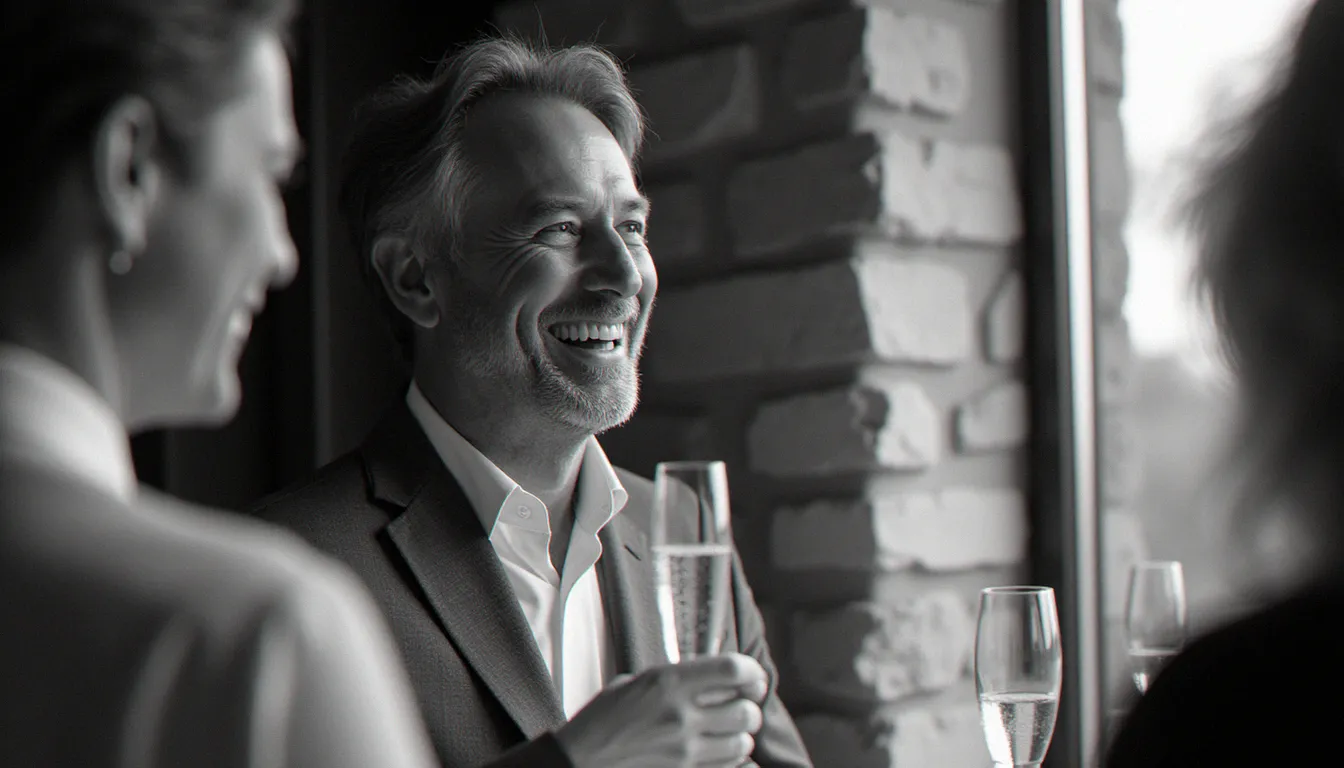 Portrait en noir et blanc d'un invité de mariage riant spontanément lors du cocktail, fond mural en pierre neutre, parfait pour être retravaillé en style photo avis de recherche