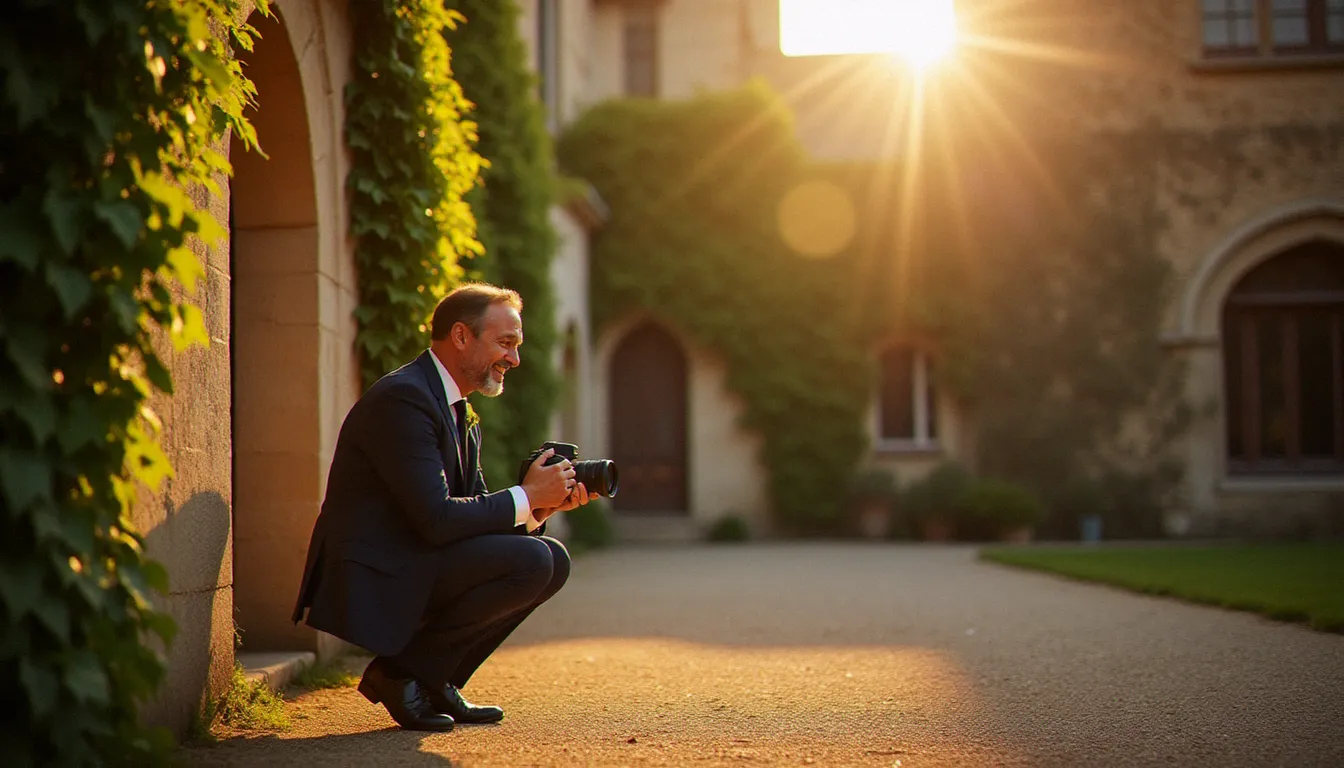 Photographe de mariage en train de réaliser une photo avis de recherche d'un invité dans la cour d'un château en Auvergne-Rhône-Alpes, lumière dorée de fin d'après-midi