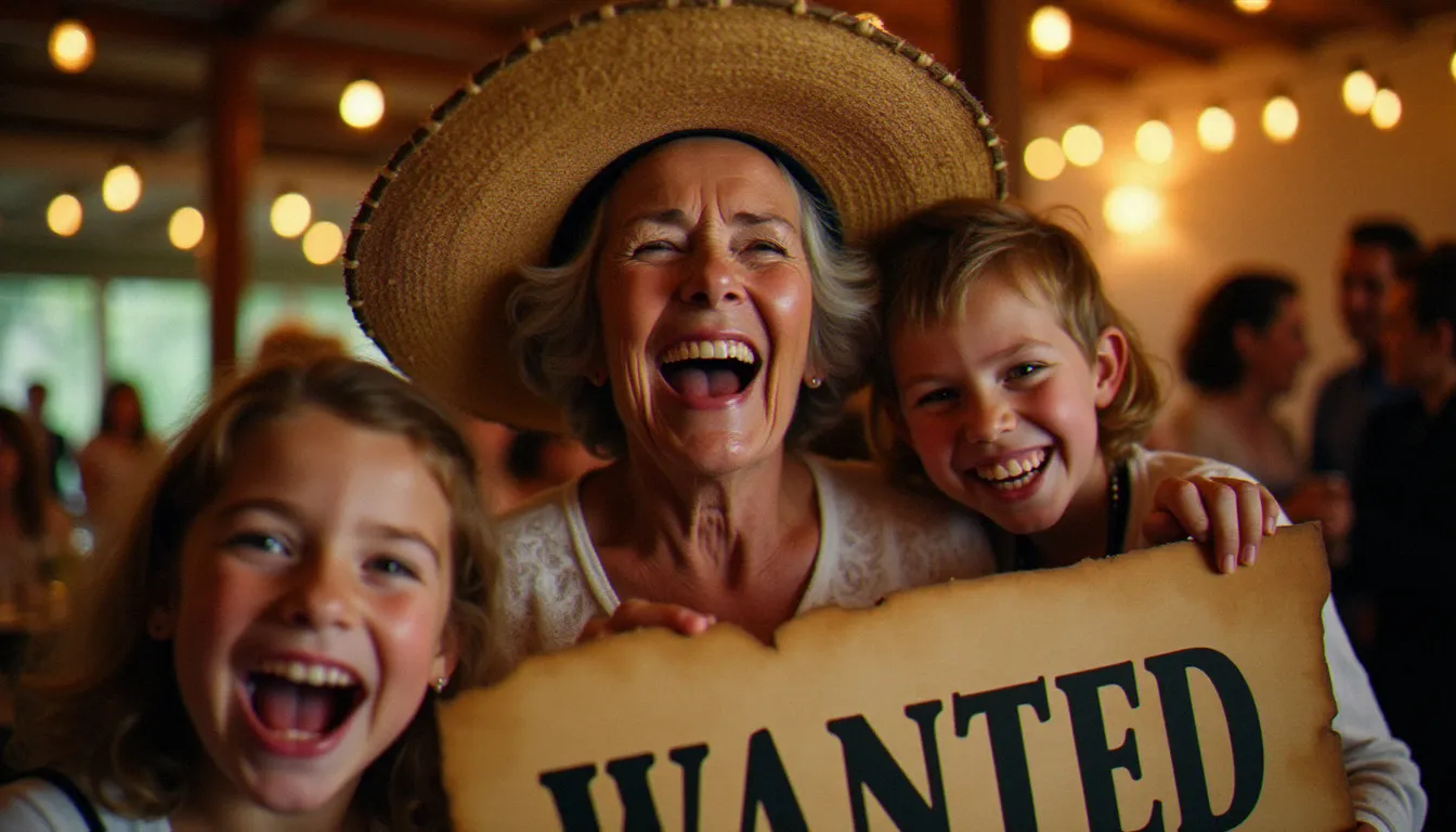 Trois générations d'invités de mariage riant ensemble devant une affiche avis de recherche style pirate, grand-mère avec chapeau de paille et enfants, ambiance festive et chaleureuse