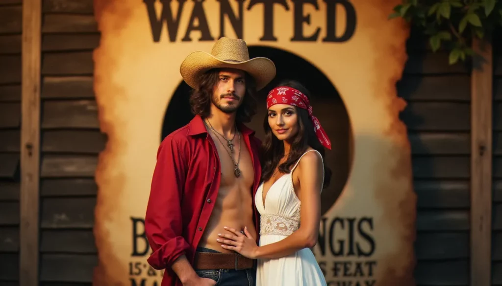 Un couple de mariés en costumes pirates One Piece posant devant une grande affiche photo avis de recherche Luffy format Wanted, lumière dorée et décor vintage sépia