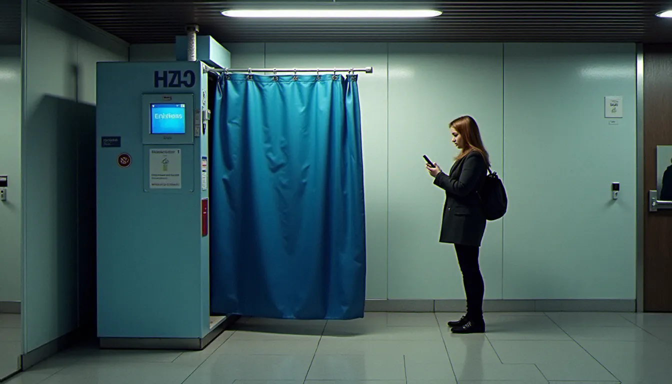 Borne photomaton moderne dans une gare française avec rideau bleu, représentant le contexte habituel d'utilisation pour obtenir des photos d'identité