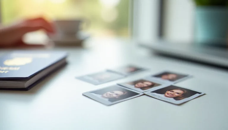 Planche de quatre photos d'identité posée à côté d'un passeport français, illustrant le prix et l'usage du photomaton pour documents officiels
