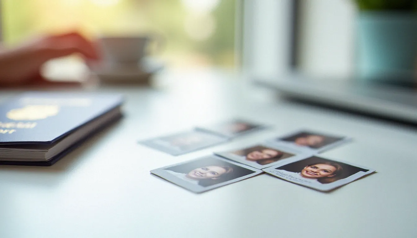 Planche de quatre photos d'identité posée à côté d'un passeport français, illustrant le prix et l'usage du photomaton pour documents officiels