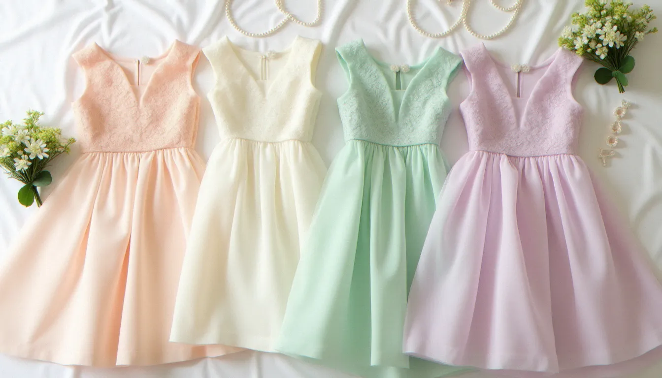 Sélection de robes fillettes pour mariage en tons pastels disposées sur du lin blanc avec des bouquets de fleurs, montrant les différentes options de couleurs selon le thème du mariage