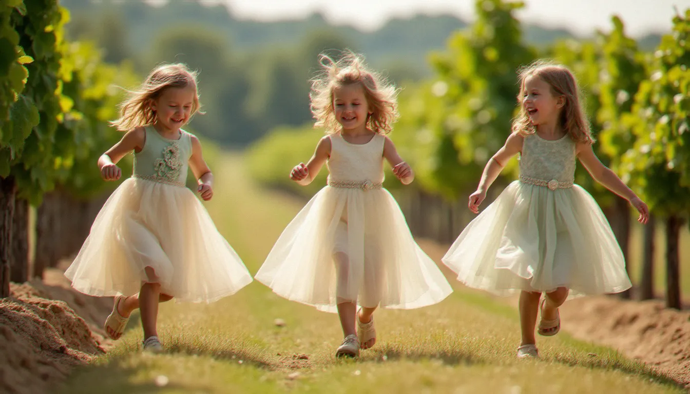 Trois fillettes en robes coordonnées crème et vert sauge courant dans un vignoble lors d'une réception de mariage estival en France, capturées en mouvement par le photographe Thomas Rivière