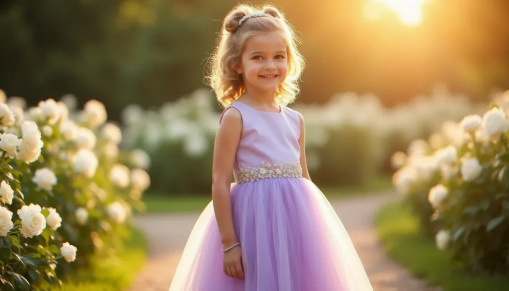 Fillette en robe de cérémonie lavande avec broderies florales dans un jardin de château français lors d'un mariage, illustrant les robes fillettes pour mariage tendance 2026