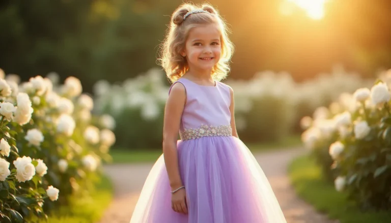 Fillette en robe de cérémonie lavande avec broderies florales dans un jardin de château français lors d'un mariage, illustrant les robes fillettes pour mariage tendance 2026