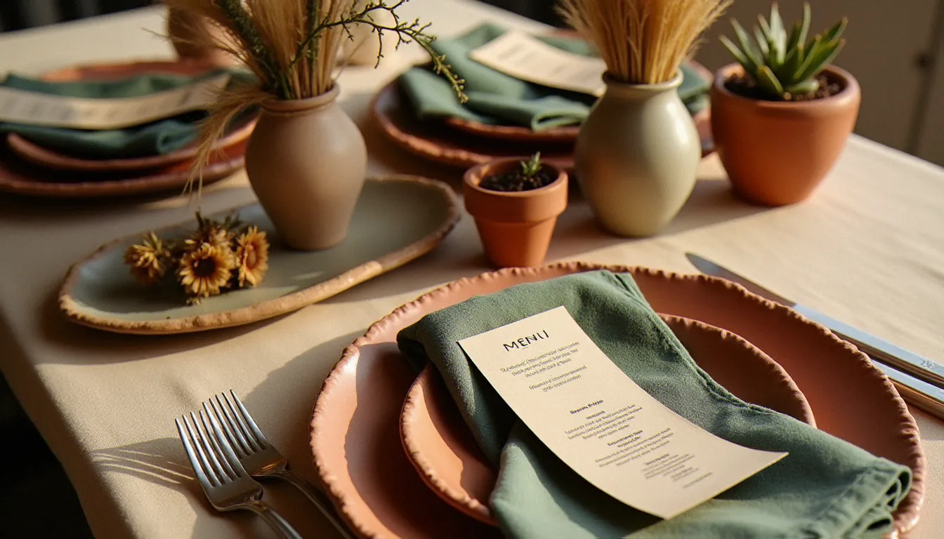 Table de mariage décoration style bohème naturel vue de dessus avec assiettes en céramique artisanale terracotta, fleurs séchées et nappage lin sauge sur bois brut