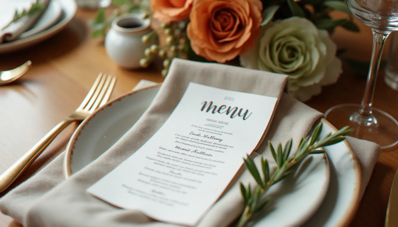 Détail de table de mariage decoration avec menu calligraphié, porte-nom en céramique artisanale et bouquet de fleurs séchées en tons terracotta posés sur nappe en lin naturel