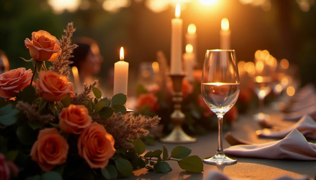 Détail de table de mariage décoration au crépuscule avec composition florale asymétrique en roses rouille, bougies en laiton patiné et reflets de flammes dans les verres en cristal