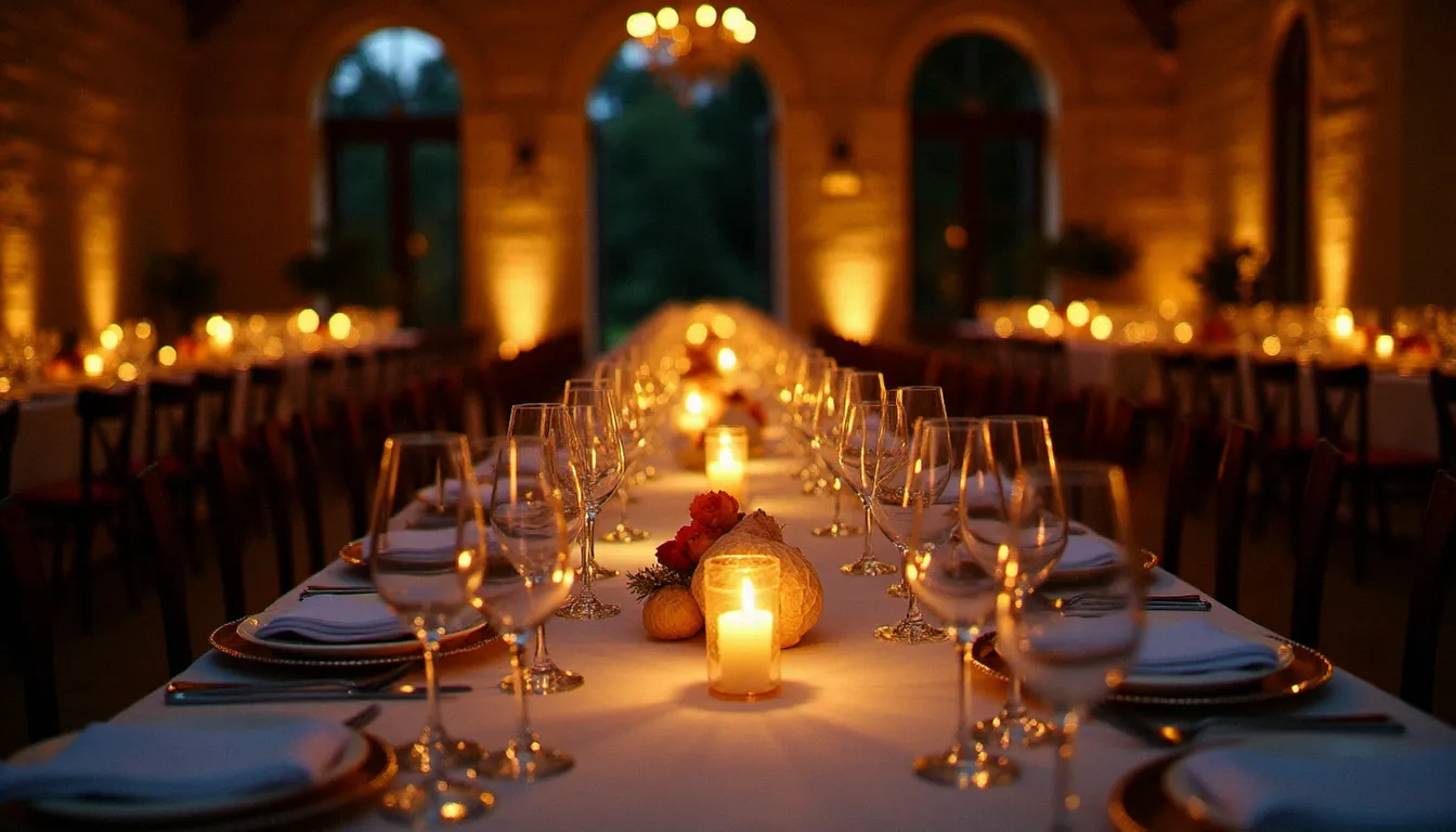 Vue d'ensemble d'une salle de réception de mariage en soirée avec tables de mariage decoration bougies allumées, reflets dans les verres et convives en arrière-plan dans un château de la région lyonnaise