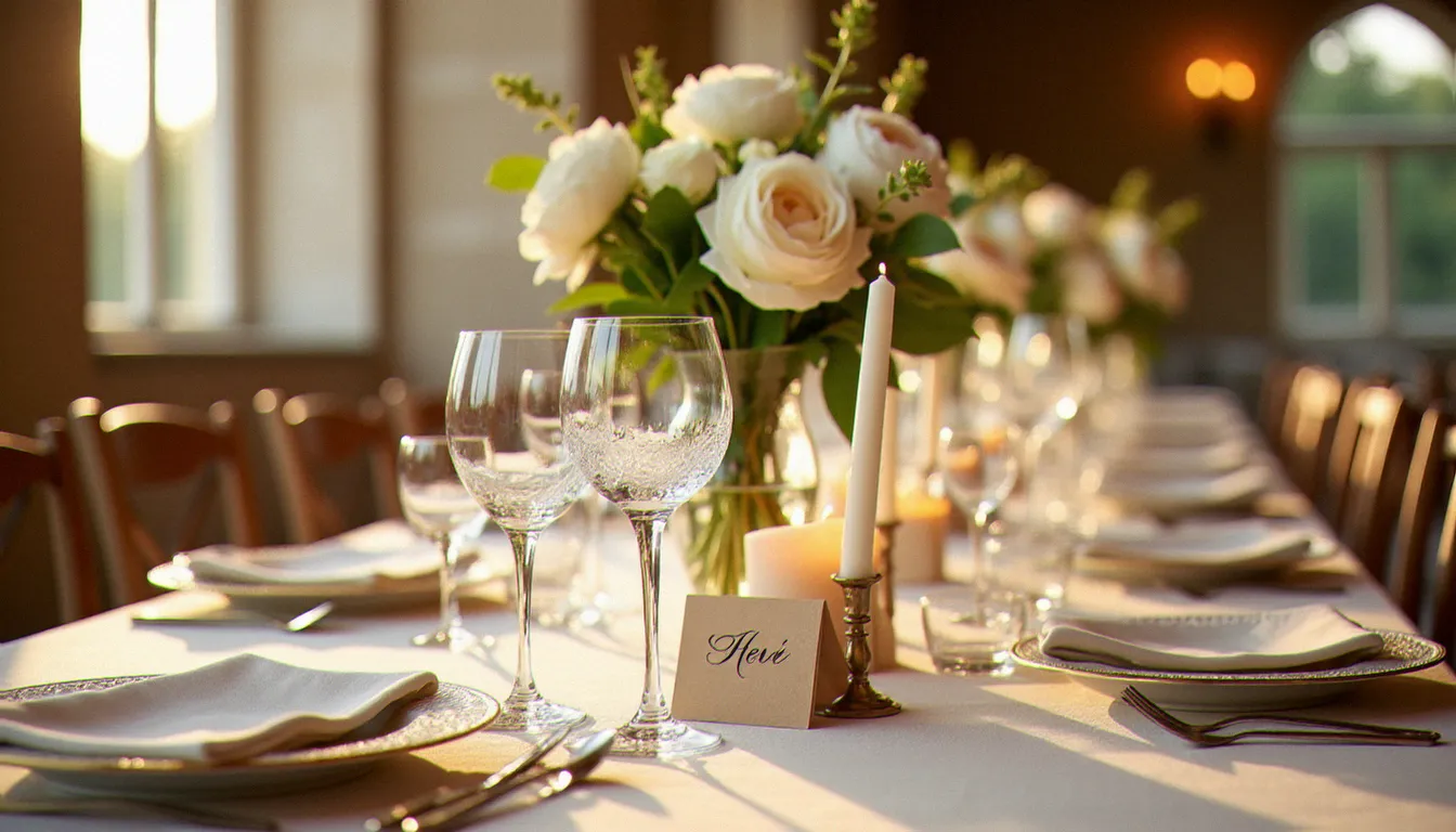 Table de mariage décoration romantique avec pivoines ivoire, verres en cristal et bougies en laiton sur nappe brodée dans une salle de réception aux pierres apparentes