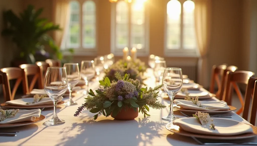 Table de mariage decoration en style wabi-sabi avec vaisselle artisanale en terre cuite, composition florale basse en fleurs séchées et verres en cristal capturant la lumière dans un château français