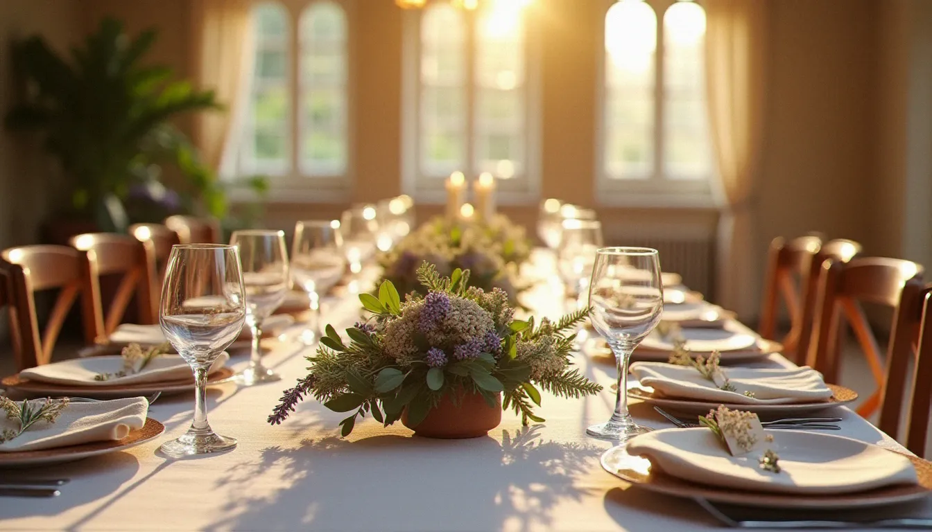Table de mariage decoration en style wabi-sabi avec vaisselle artisanale en terre cuite, composition florale basse en fleurs séchées et verres en cristal capturant la lumière dans un château français