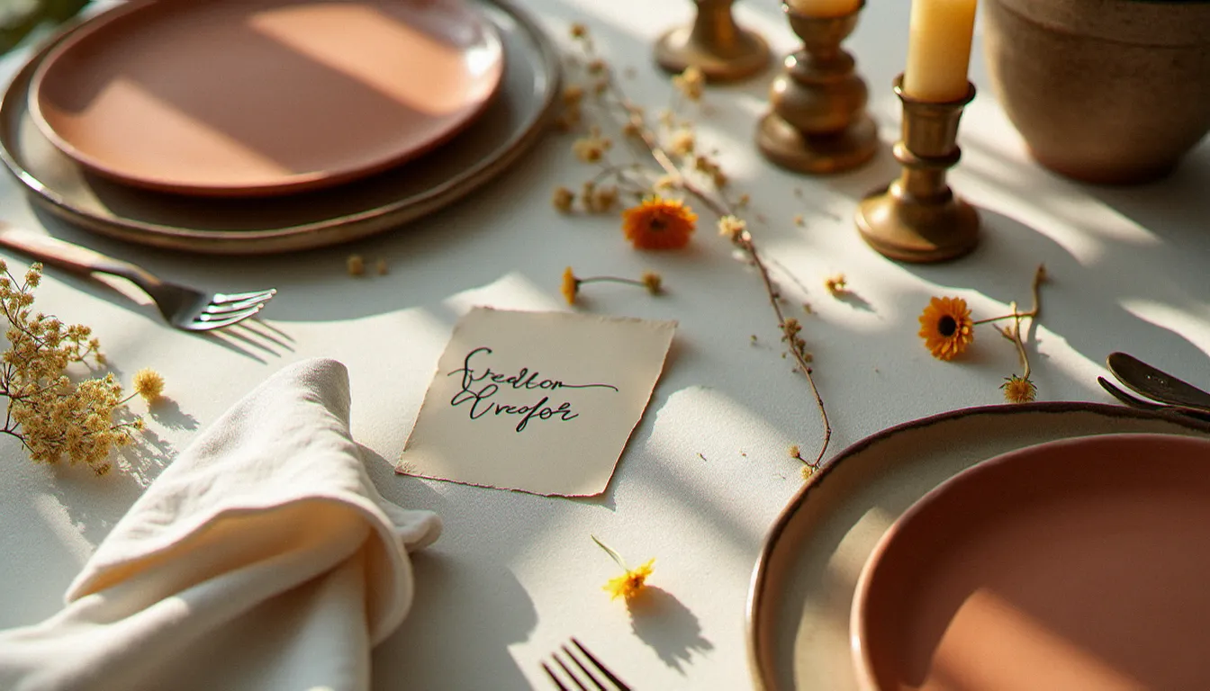 Art de la table mariage 2026 avec vaisselle artisanale dépareillée, bougies en laiton et fleurs sauvages séchées, reflet de la tendance esthétique organique et terreuse