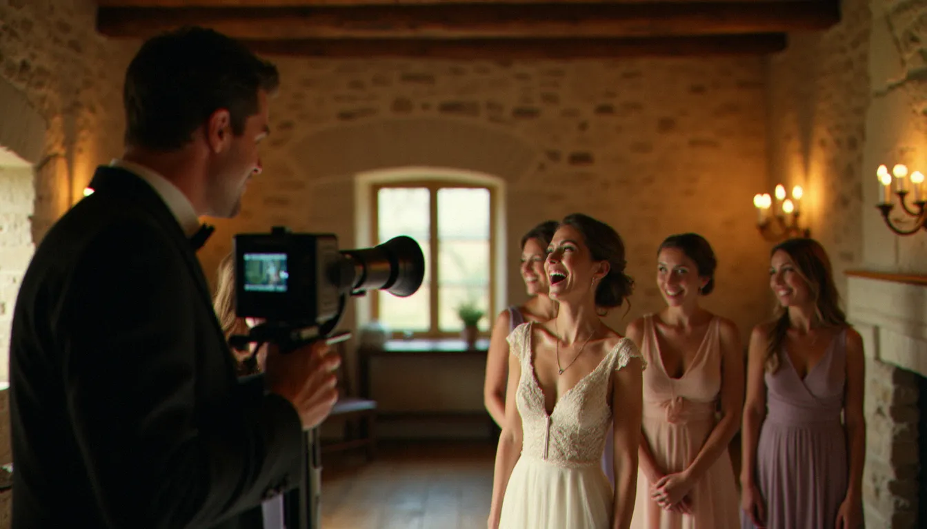 Réalisateur de mariage filmant discrètement en Super 8 une scène spontanée dans un mas en pierre, illustrant l'importance de la vidéo dans les tendances mariage 2026
