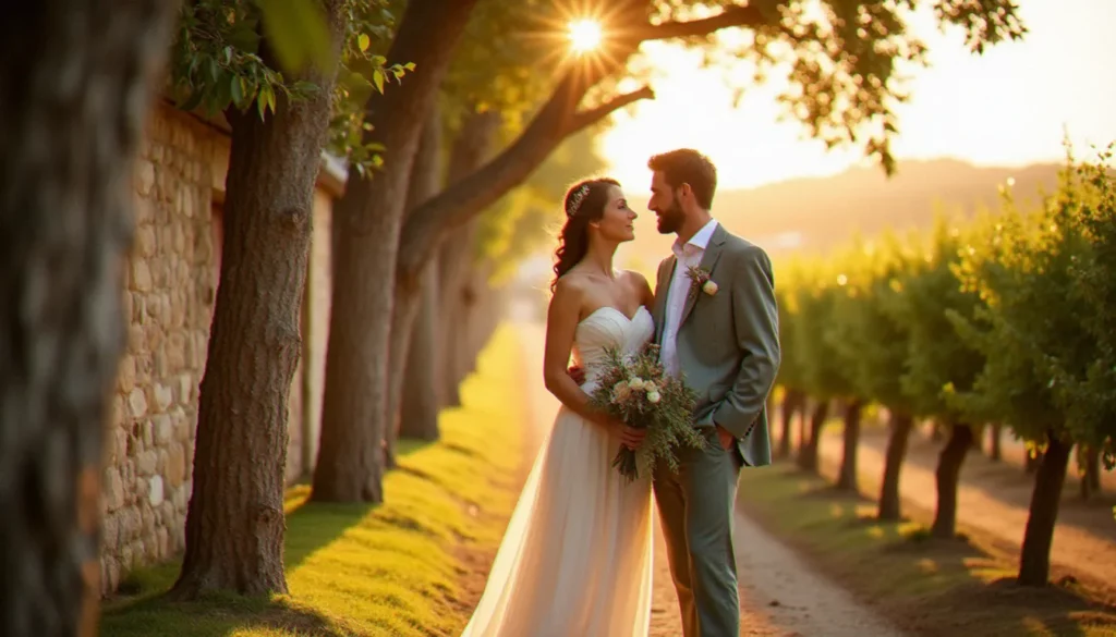 Couple de mariés en tenue fluide ivoire et lin sauge dans un vignoble en pierre à la lumière dorée, illustrant la tendance mariage 2026 vers le romantisme organique