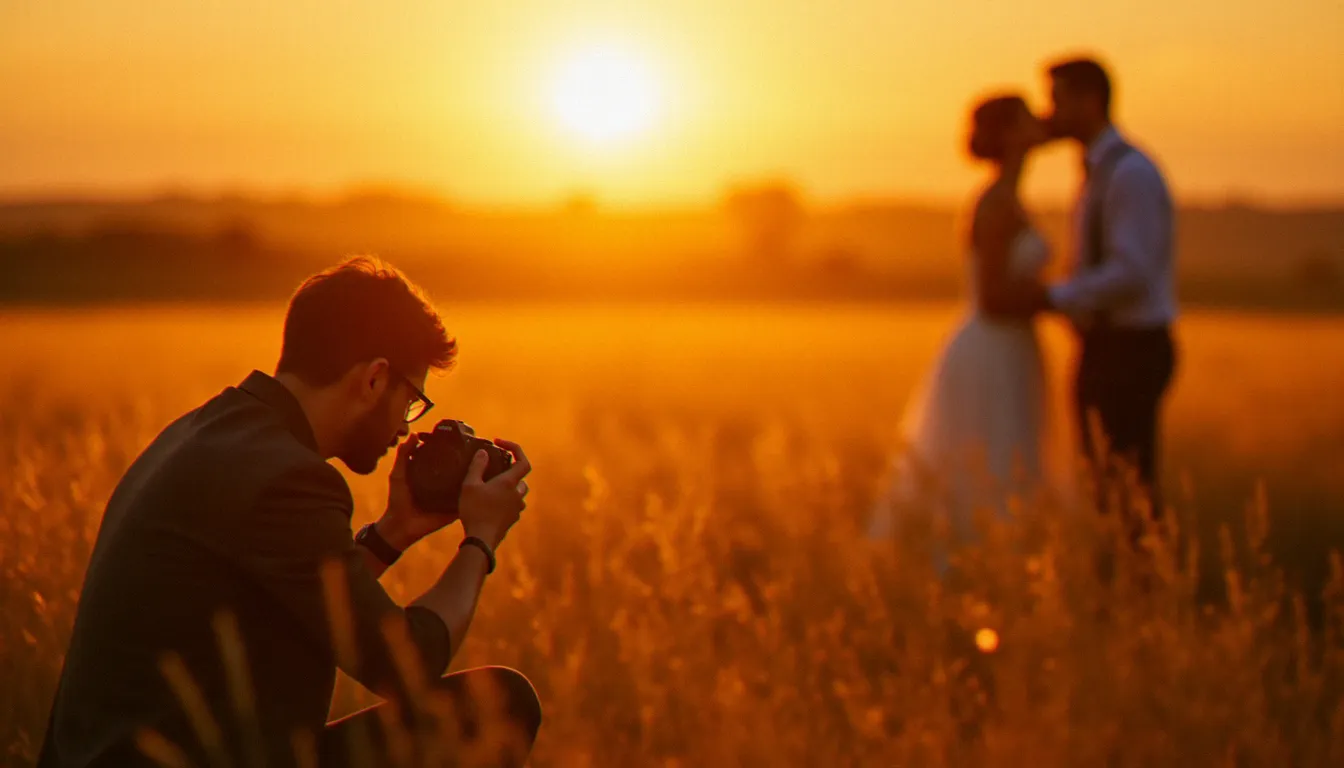 Photographe de mariage en reportage documentaire discret dans un champ doré au coucher du soleil, capturant un baiser de mariés lors d'un mariage champêtre