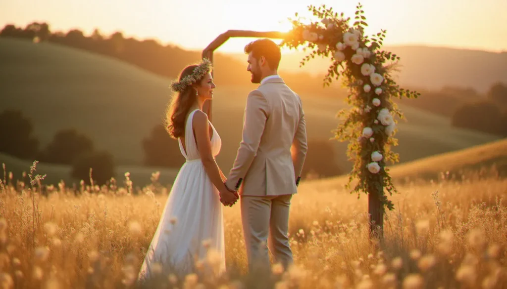 Couple de mariés se tenant la main dans une prairie en fleurs au coucher du soleil, illustrant l'atmosphère authentique d'un thème mariage champêtre en région lyonnaise