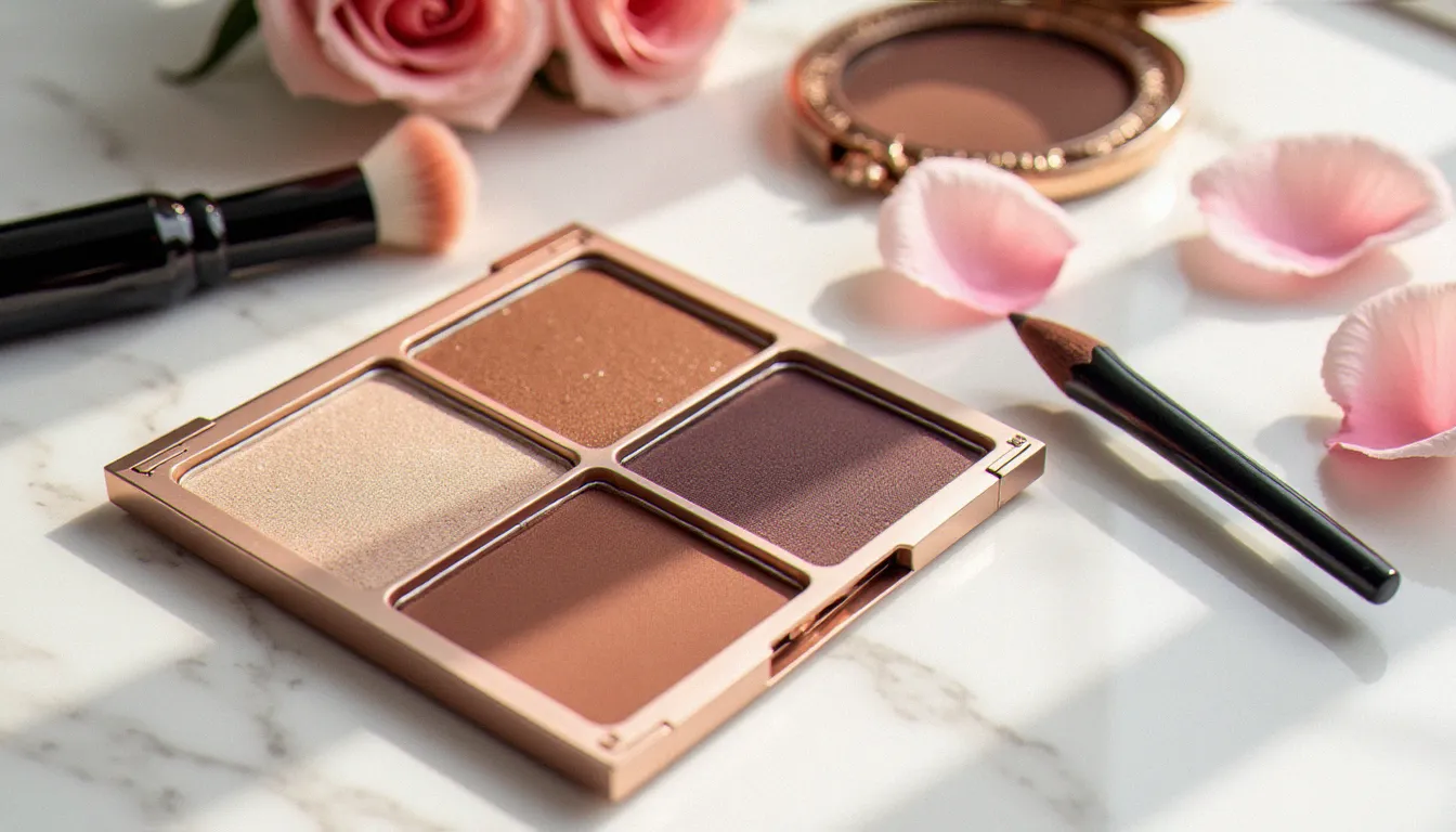 Palette de maquillage professionnelle ouverte avec teintes bronze, cuivre et prune pour sublimer les yeux marron lors d'un maquillage mariage