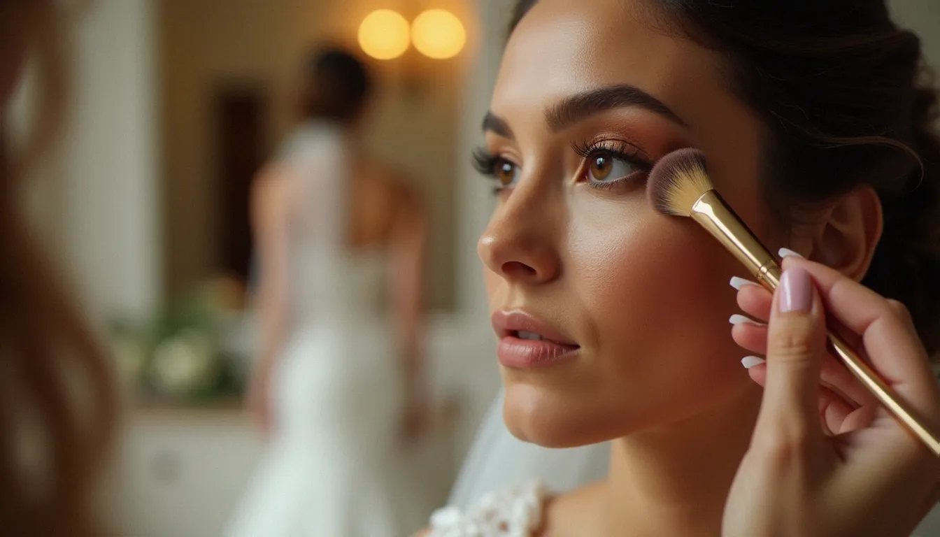 Maquilleuse professionnelle estompant un fard cuivré sur la paupière d'une mariée aux yeux marron lors des préparatifs de mariage