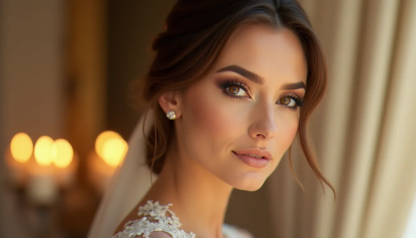 Portrait d'une mariée aux yeux marron sublimés par un maquillage mariage bronze et champagne, lumière naturelle dorée de fin d'après-midi