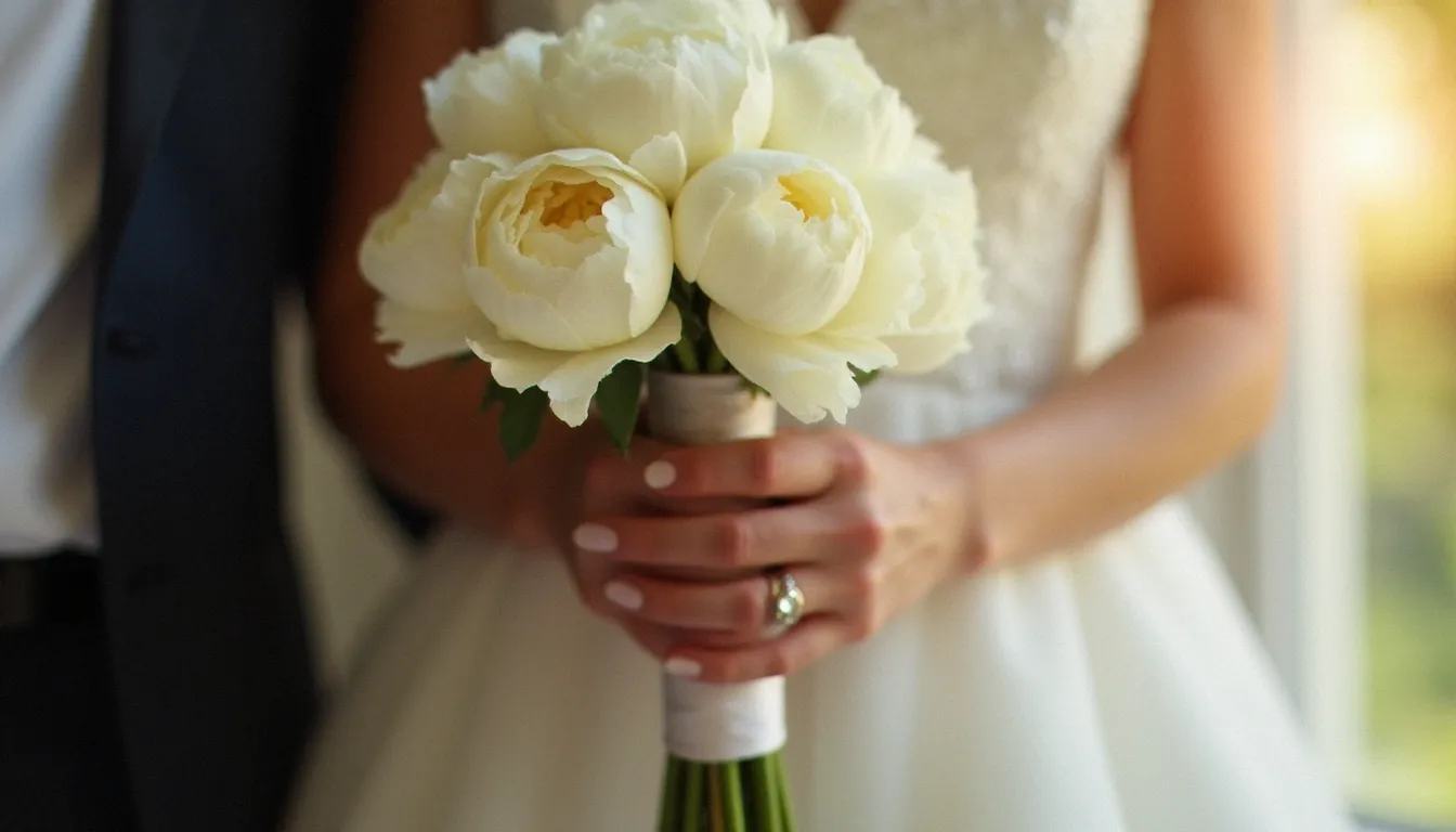 Angle de prise de vue en plongée douce sur les mains de la mariée serrant son bouquet de pivoines blanches, alliance visible, avec le marié flou et souriant en arrière-plan lors de la cérémonie