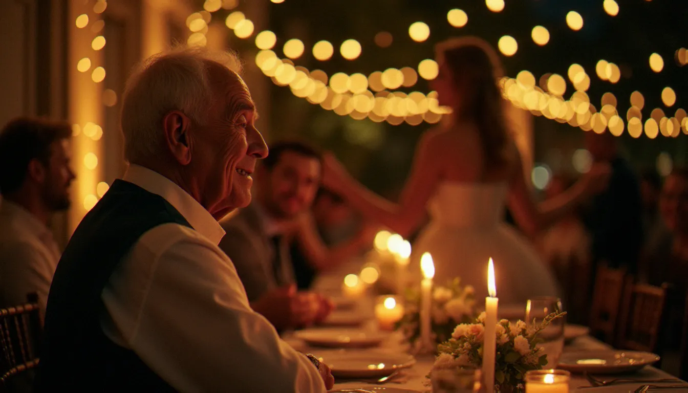 Plan en angle latéral bas d'un grand-père de profil regardant avec émerveillement sa petite-fille mariée danser en arrière-plan flou lors d'un cocktail de mariage sous des guirlandes lumineuses