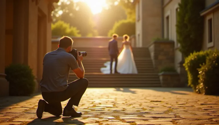 Photographe de mariage adoptant un angle de prise de vue en contre-plongée depuis le sol pour capturer les mariés debout sur des marches en pierre d'un château, lumière dorée de fin de journée