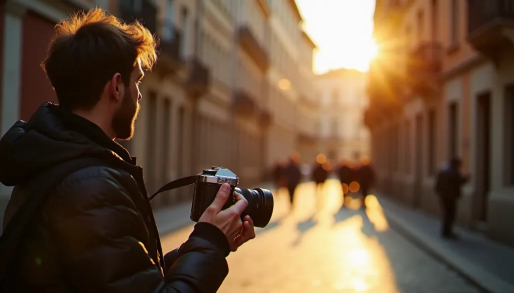 apocope photo designent aussi featured Photographe tenant un appareil argentique en lumière dorée à Lyon, illustrant l'apocope photo désignent aussi bien l'art que la technique