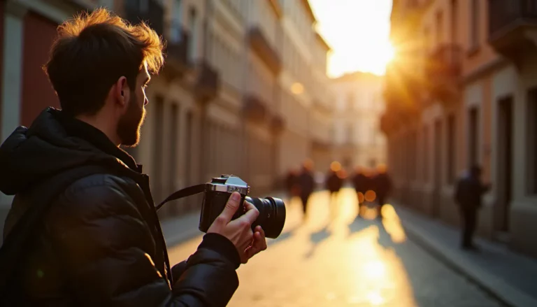 Photographe tenant un appareil argentique en lumière dorée à Lyon, illustrant l'apocope photo désignent aussi bien l'art que la technique