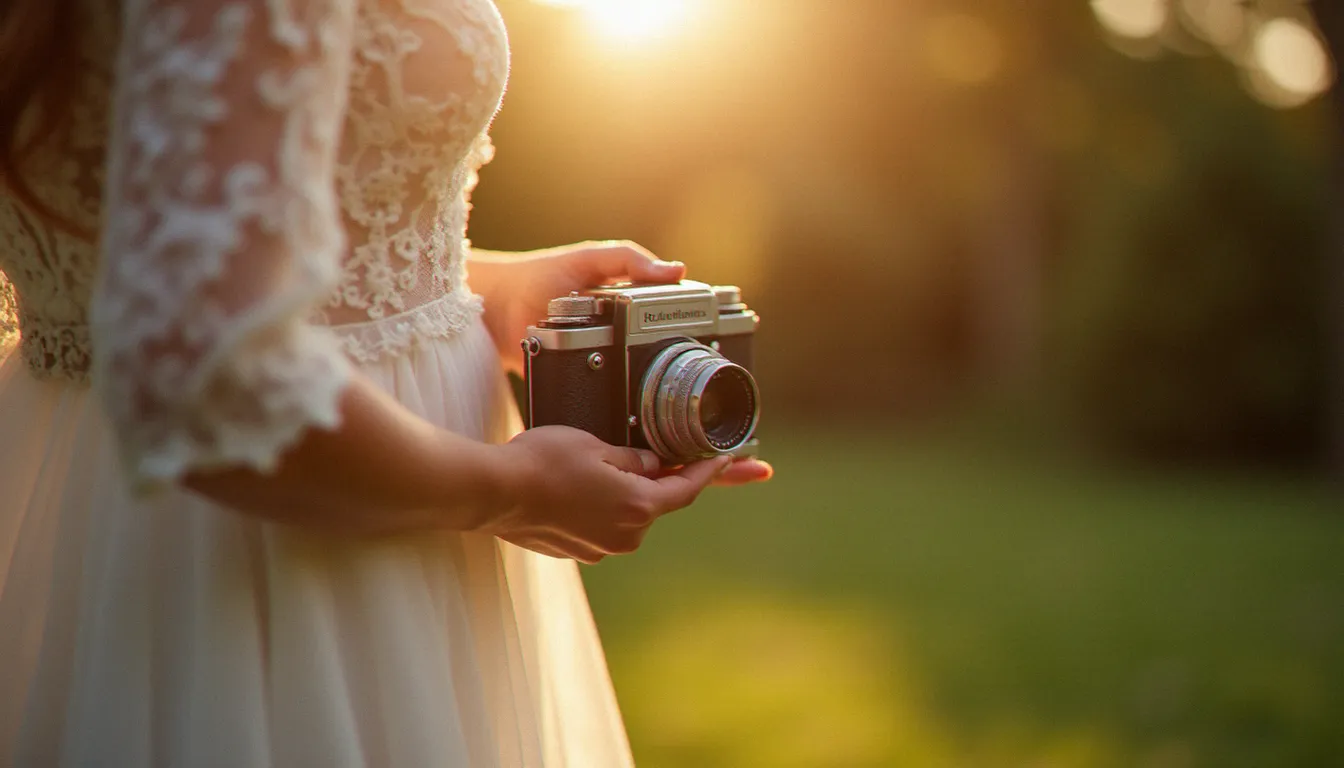 Détail des mains d'une mariée tenant un appareil photographique de moyen format argentique Rolleiflex devant sa robe de mariée blanche lors d'une réception en jardin