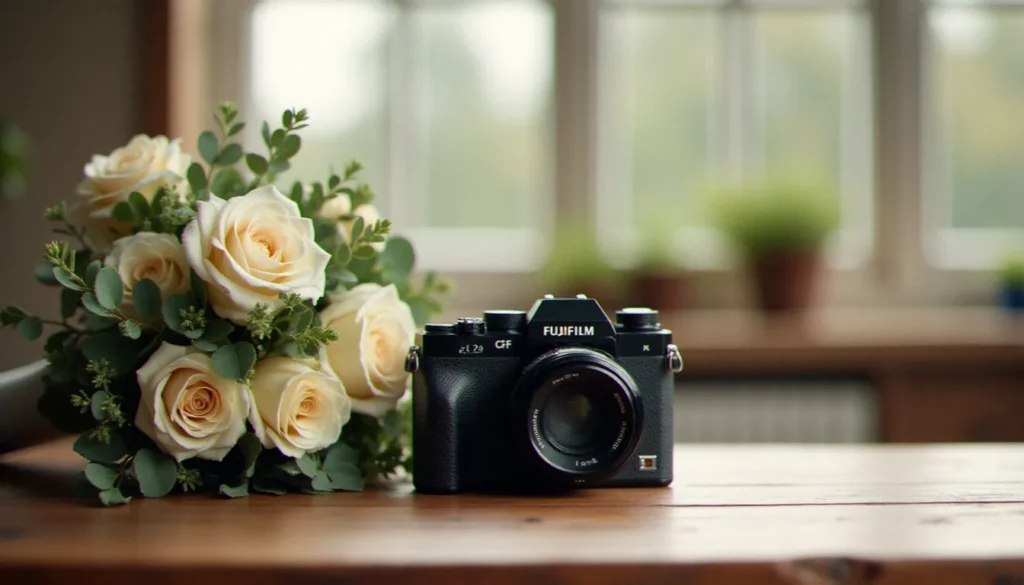 Appareil photographique de moyen format Fujifilm GFX posé sur une table en bois lors d'une préparation de mariage, avec un bouquet de mariée en arrière-plan