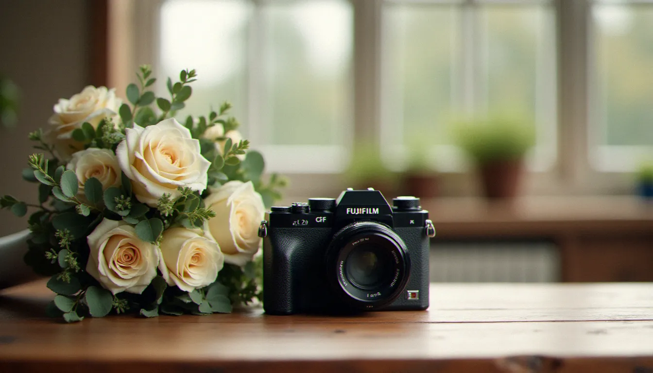 Appareil photographique de moyen format Fujifilm GFX posé sur une table en bois lors d'une préparation de mariage, avec un bouquet de mariée en arrière-plan
