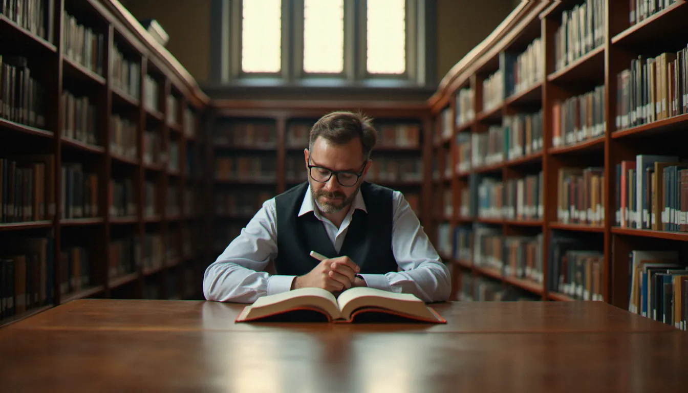 Professionnel de l'information évaluant des sources documentaires dans une bibliothèque universitaire, illustrant le concept d'autorité en sciences de l'information