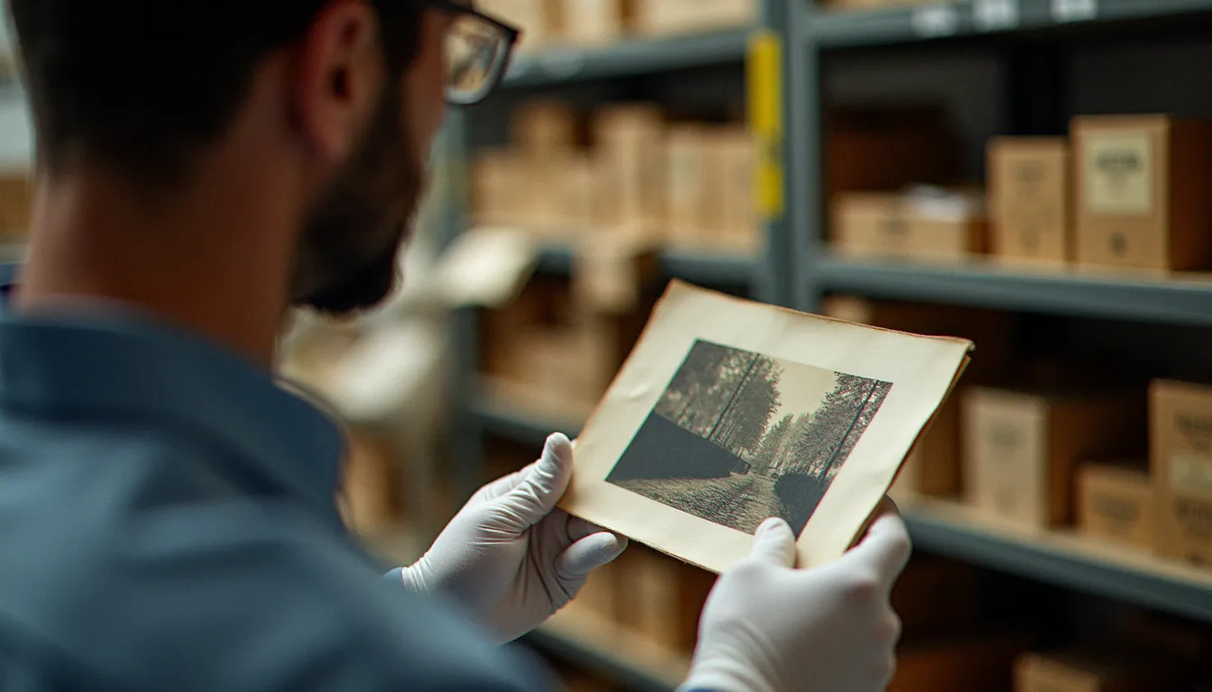 Archiviste manipulant avec des gants blancs une épreuve photographique ancienne dans les réserves de la bibliothèque nationale de France
