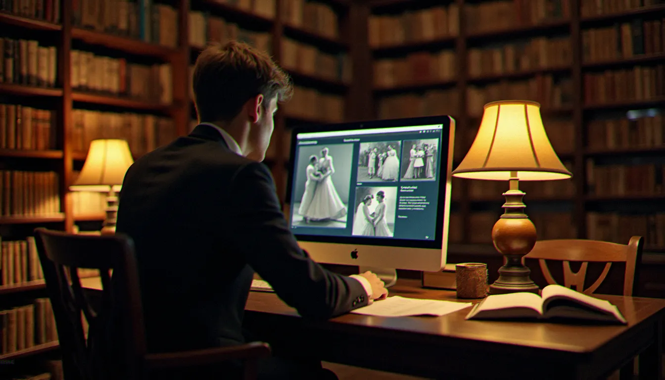 Chercheur consultant des photographies de mariages anciens numérisées sur Gallica dans une salle de lecture patrimoniale
