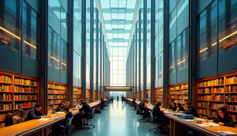 Grande salle de lecture du site François-Mitterrand de la bibliothèque nationale de France, avec ses quatre tours de verre sous la lumière de fin d'après-midi