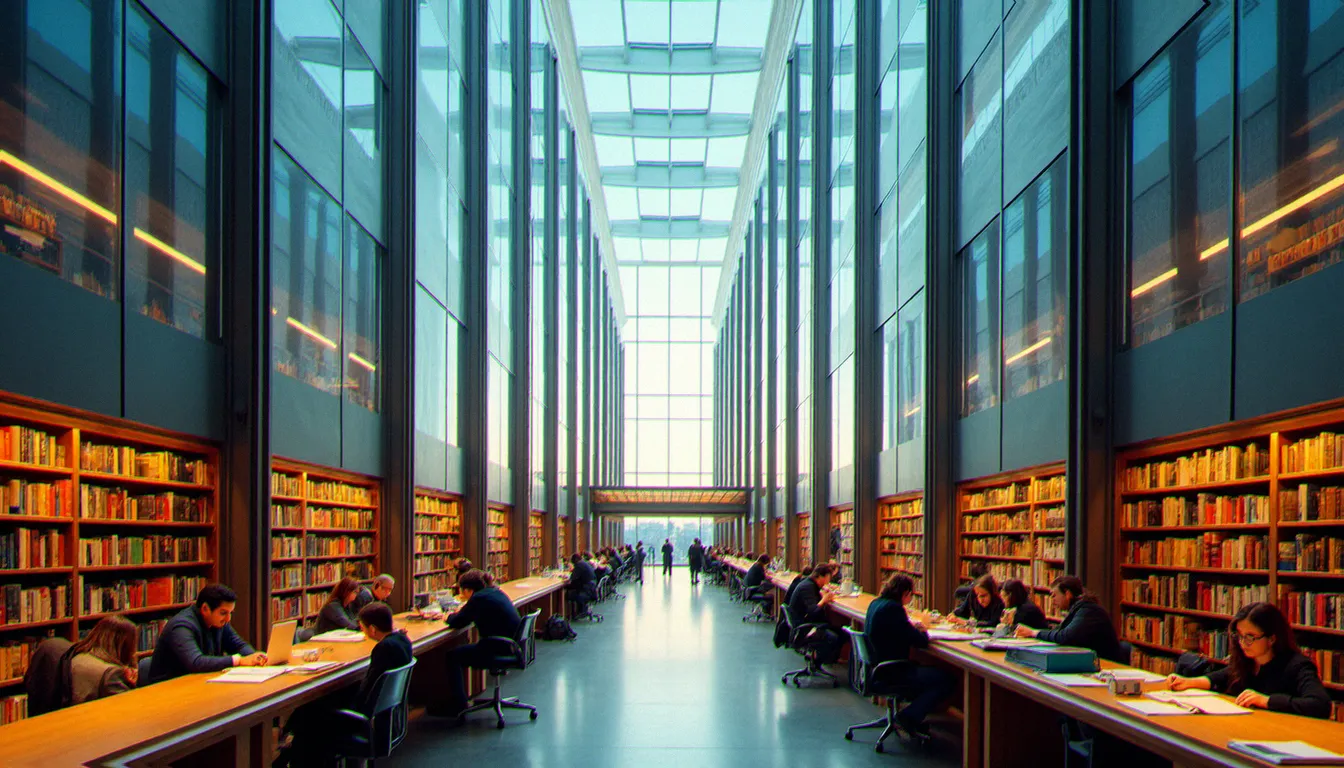 Grande salle de lecture du site François-Mitterrand de la bibliothèque nationale de France, avec ses quatre tours de verre sous la lumière de fin d'après-midi