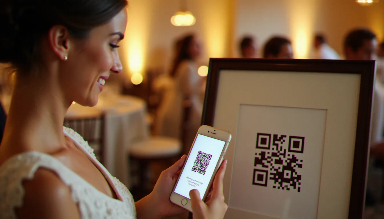 Mariée scannant un code numérique imprimé au dos d'un tirage photo encadré de son mariage avec son smartphone