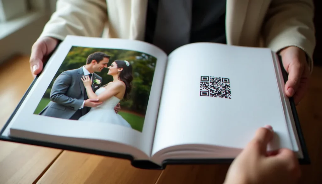 Album mariage ouvert présentant une photo de couple et un code numérique QR imprimé avec élégance sur la page adjacente