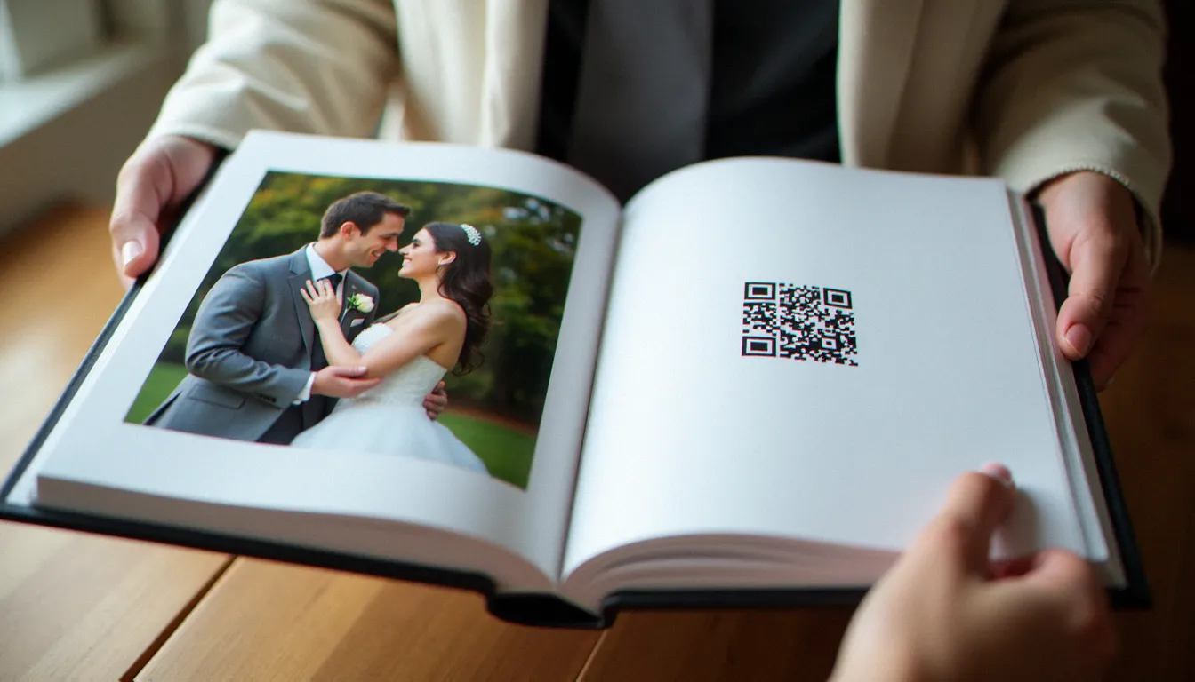 Album mariage ouvert présentant une photo de couple et un code numérique QR imprimé avec élégance sur la page adjacente