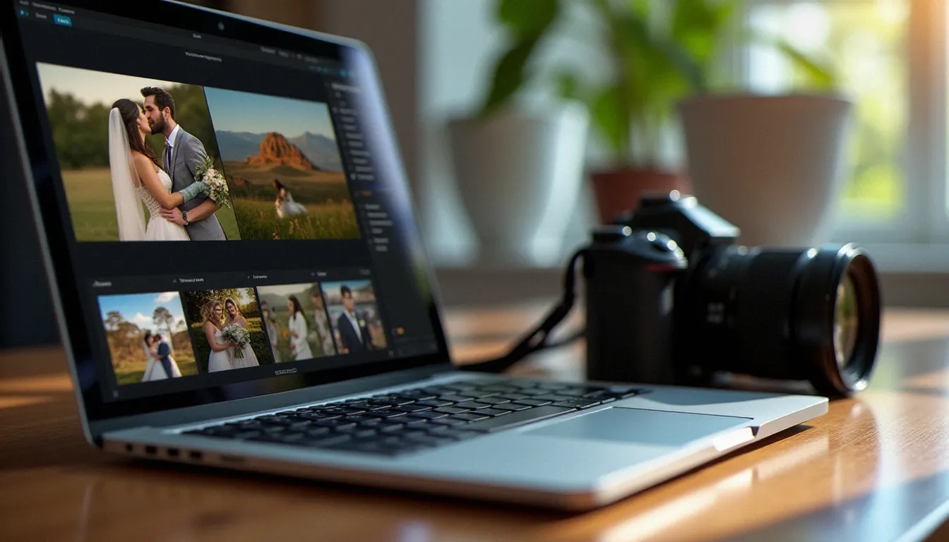 Interface d'un logiciel de photo avec ia sur écran d'ordinateur, traitement automatique de photos de mariage en post-production